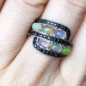 Sterling Silver Jelly Opal and Black Spinel Ring